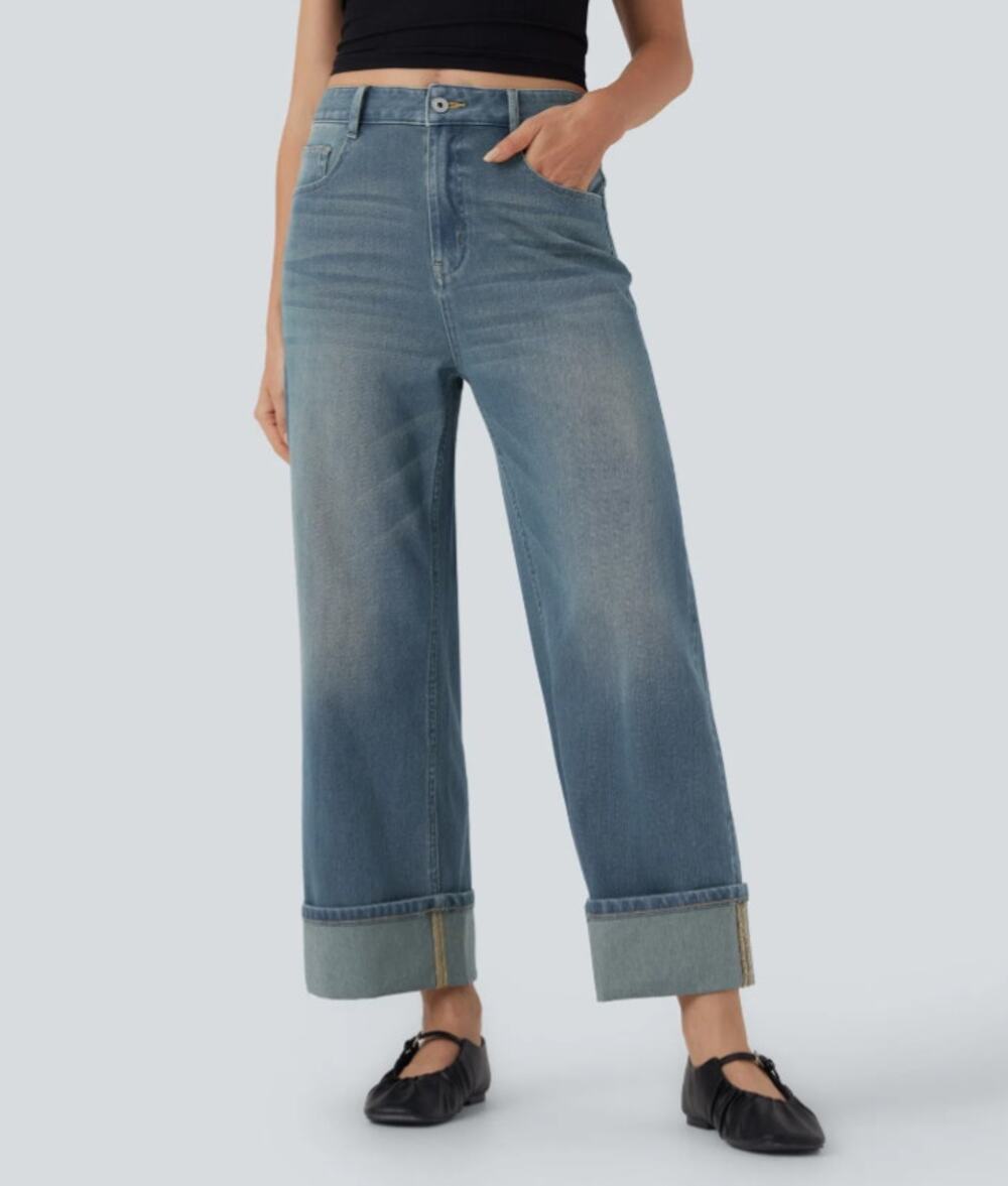 Halara Women's Small Flex High Waisted Cuffed Wide Leg Jeans Streetwear J5-4